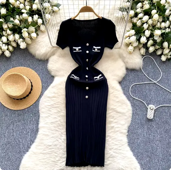 Robe Tricotée Femmes Col En V Manches Courtes Moulante Plissé Pull