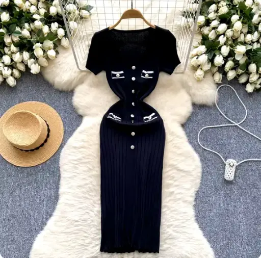 Robe Tricotée Femmes Col En V Manches Courtes Moulante Plissé Pull